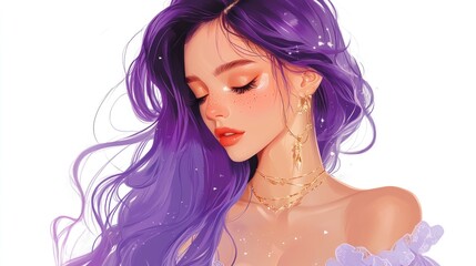Serene woman with long purple hair, wearing gold jewelry, eyes closed.