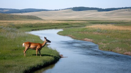 Naklejka premium A peaceful deer drinks from a winding stream in an open meadow, framed by rolling hills in the distance.