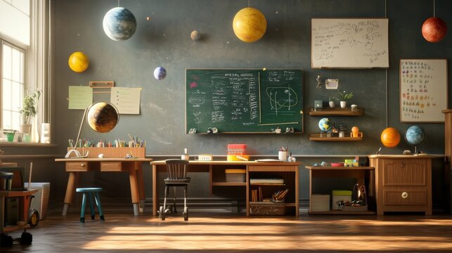 Elementary classroom filled with colorful planet models and learning materials designed to teach astronomy and stimulate curiosity about space