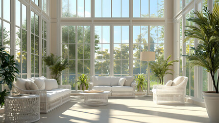 Fototapeta premium Bright and airy sunroom with floor to ceiling windows and white wicker furniture. Solarchime. Illustration