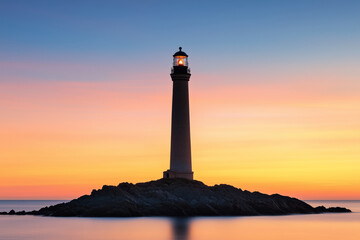 A solitary lighthouse atop rugged rocks illuminated at sunset