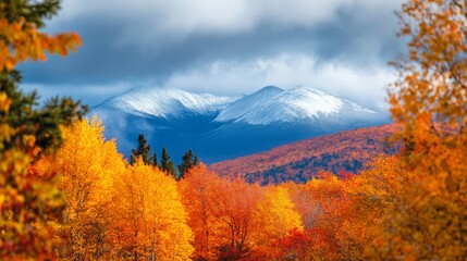 Fototapeta premium Radiant autumn foliage in vibrant hues frames snow-capped mountains under a moody sky, encapsulating the essence of seasonal transition.