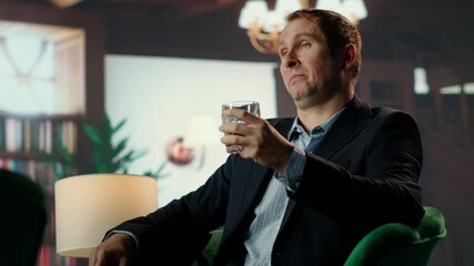 Two old money gentlemen meeting to talk business over bourbon in an elite social club, capturing the essence of high society entertainment. Diverse upper class members. Camera B.