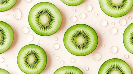 Fototapeta premium Overlapping kiwi slices in watercolor effect, blending vibrant green and yellow tones on a soft beige background, artistic and calming