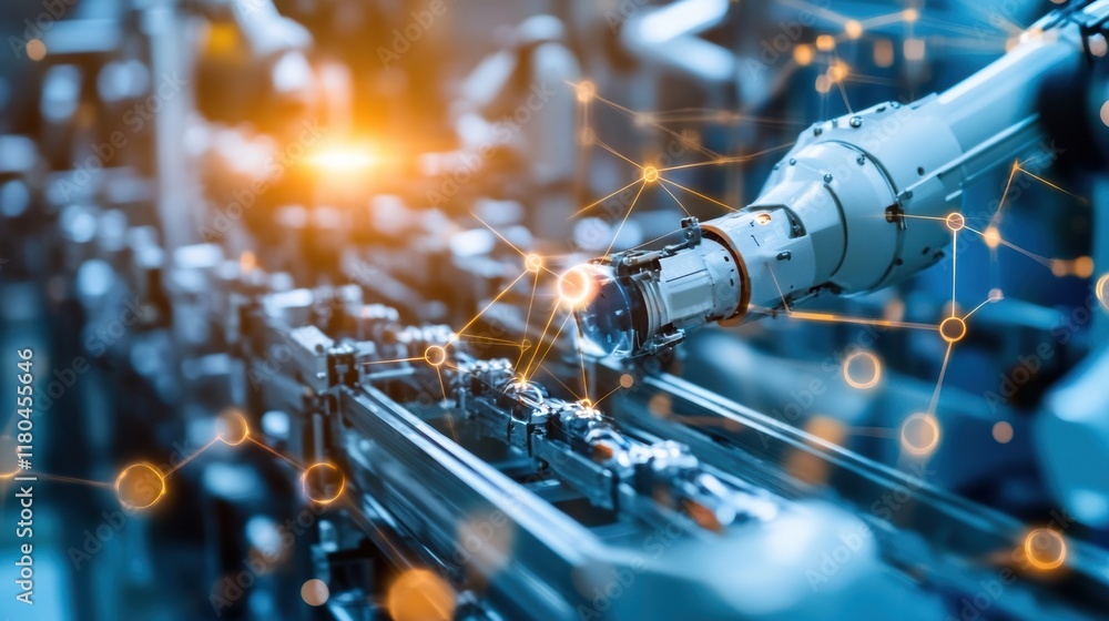 Poster modern robotic arm performing tasks on a production line in a smart factory, enhancing efficiency an