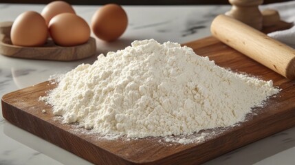 Pile of flour on wooden board with eggs and rolling pin. (1)