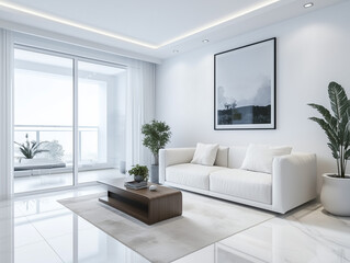 Fototapeta premium White living room with sofa and poster