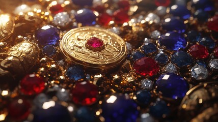 Luxurious Coins Surrounded by Colorful Gems and Stones