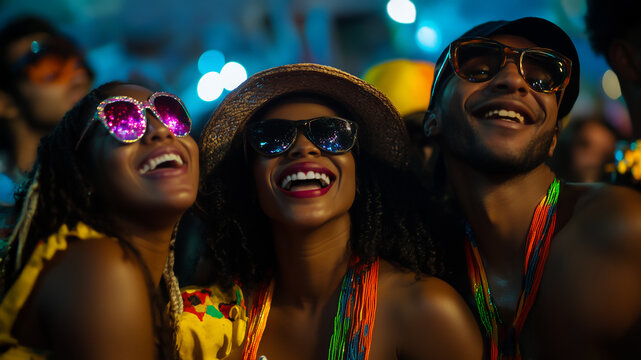 Close-up portrait of three happy diverse friends enjoying summer festival, wearing colorful accessories, trendy sunglasses at night celebration. Concept of youth culture, friendship, joyful lifestyle