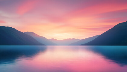 Fototapeta premium A serene sunset over a tranquil lake with vibrant hues in the sky, captured in a high-quality copy space image.