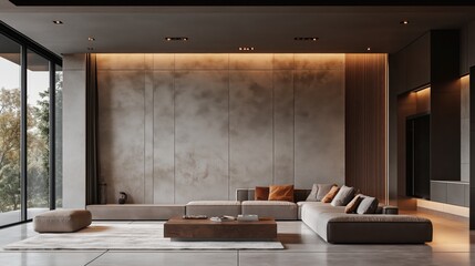 elegant, minimalist interior with a textured concrete wall as the backdrop