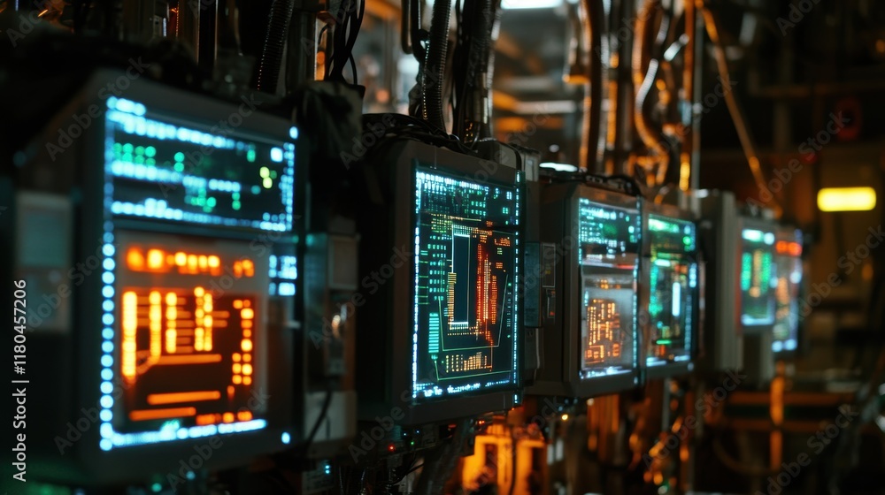Aufkleber several computer screens displaying complex data analysis and system diagnostics in a high tech cont