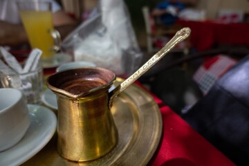 Turkish coffee with traditional cezve used. Baalbek. Lebanon