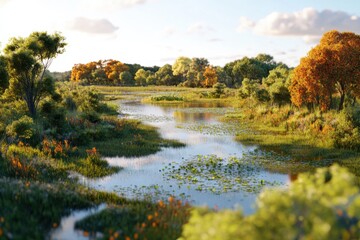 Birds eye view of a drying wetland showing signs of biodiversity loss in soft natural light