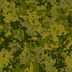 Abstract pixelated camouflage pattern in shades of olive green and dark green. Ideal for backgrounds, textures, or military-themed designs.  Versatile and modern aesthetic.