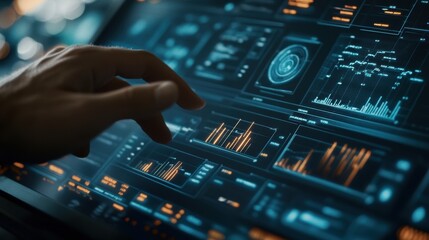 Engineer interacts with a futuristic computer interface. Analyzing complex data visualized as graphs and statistics on a sleek. Dark screen. Potentially in a manufacturing or technological setting