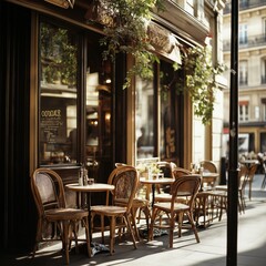 French-style café in the early morning with cozy ambiance and freshly brewed coffee ready for customers