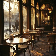 French-style café in the early morning with cozy ambiance and freshly brewed coffee ready for customers