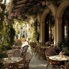 French-style café in the early morning with cozy ambiance and freshly brewed coffee ready for customers