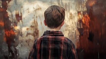 Obraz premium A Boy's Back: Pensive Portrait Against Rusty Wall
