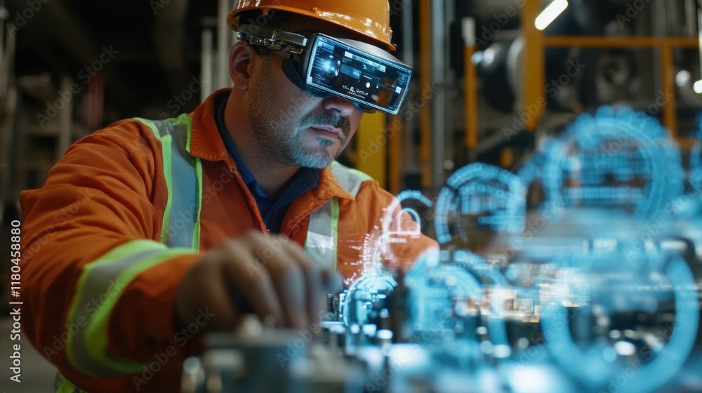 Poster industrial engineer wearing an augmented reality headset interacting with holographic data and digit