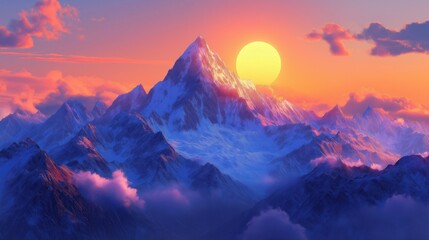 Obraz premium Snow-covered mountain peak at sunrise, breathtaking view with golden light illuminating the landscape