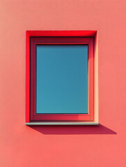 Red wall with a blue-tinted window reflecting the sky.