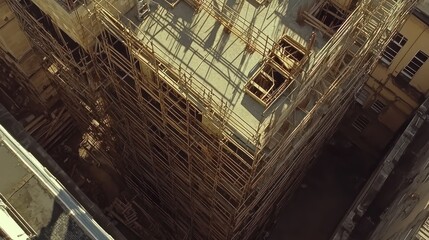 Construction site with scaffolding in urban setting.