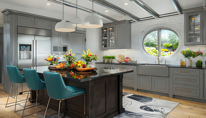 dining room with flowers mockup