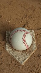 Dusty baseball resting on home plate, dry dirt surrounds it, competition,training