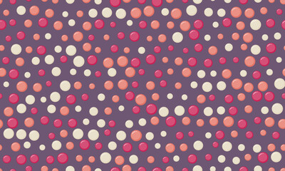 Delightful seamless pattern featuring pastel pink, coral, and cream circles on a muted purple background.  Ideal for textile prints, website backgrounds, or playful branding.