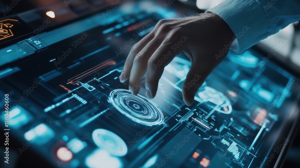 Poster close up of a scientist's hand interacting with a futuristic touchscreen interface, activating a cir