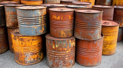 Stacked rusty barrels in various colors and conditions.