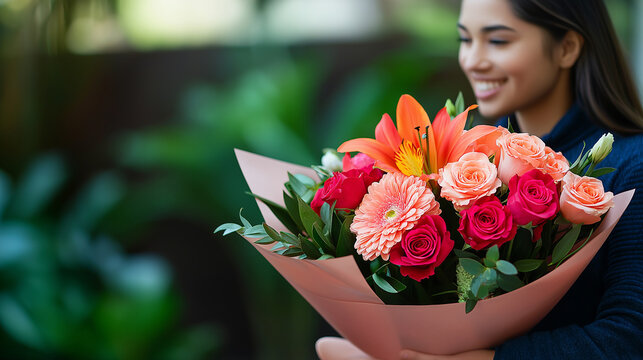 Woman receiving beautiful bouquet of flowers for valentine's day. Flower delivery. Gift for a woman. Valentine's Day. Ideal for greetings or promotions with space for text or ads.