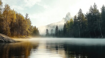 Serene Lake View Surrounded by Misty Forests and Golden Trees