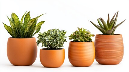Fototapeta premium bold potted plants in boho style, bright and eclectic pots, assorted plant shapes, dynamic shot, isolated on white background