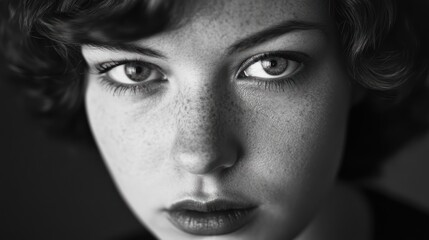 Close-up monochrome portrait of a young woman with freckles and short, wavy hair, intense gaze.