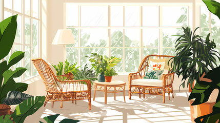 Fototapeta premium A bright sunroom with wicker furniture, indoor plants, and large windows letting in plenty of natural light. Solarchime. Illustration