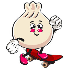 Cute dumpling vektor illustration mascot character playing skateboardin, Xiao Long Bao, Asian, Chinese food, work of hand drawn