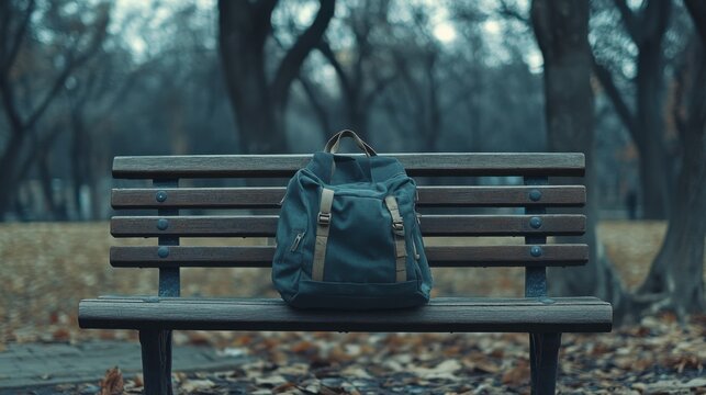 A solitary backpack rests on a wooden park bench, a scene of simplicity and untold journeys amid autumn’s quiet embrace.