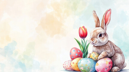 A charming bunny sits beside colorful eggs and tulip, evoking joy