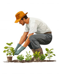 [Portrait of gardener tending to small plants] Gardening Hobbyist in Action: Tending Plants with Care and Devotion