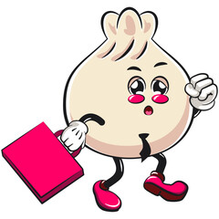 Cute dumpling vektor illustration mascot character wearing a tie and carrying a suitcase rushing to the office, Xiao Long Bao, Asian, Chinese food, work of hand drawn
