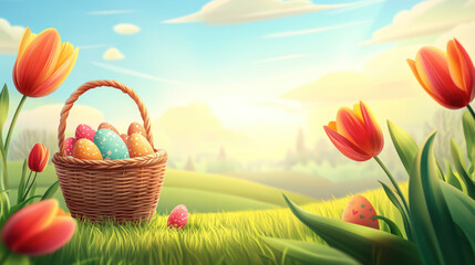 A cheerful Easter scene featuring basket of colorful eggs in sunny meadow with vibrant tulips