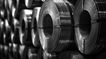 Rolled metal coils stacked in an industrial setting.