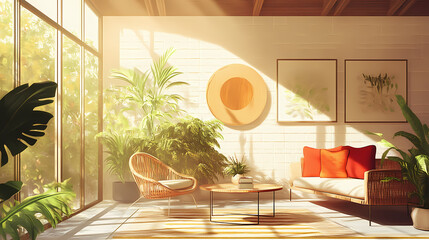 Fototapeta premium A stylish mid-century solarium with modern rattan furniture. Solarchime. Illustration