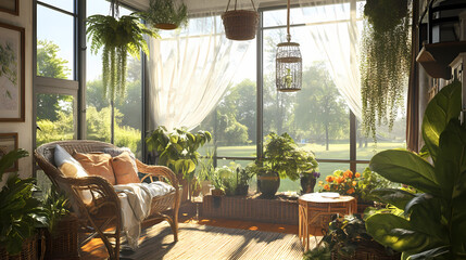 A sunroom filled with hanging plants, wicker furniture, and a view of the natural surroundings for a peaceful, relaxing space. Solarchime. Illustration