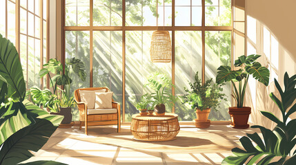Airy sunroom with rattan furniture and potted plants. Solarchime. Illustration