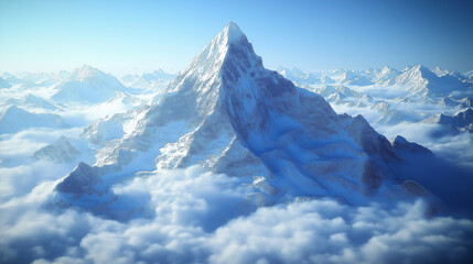 Majestic snow-covered mountain peak towering above the clouds.