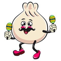 Cute dumpling vektor illustration mascot character with moustache playing maracas, Xiao Long Bao, Asian, Chinese food, work of hand drawn